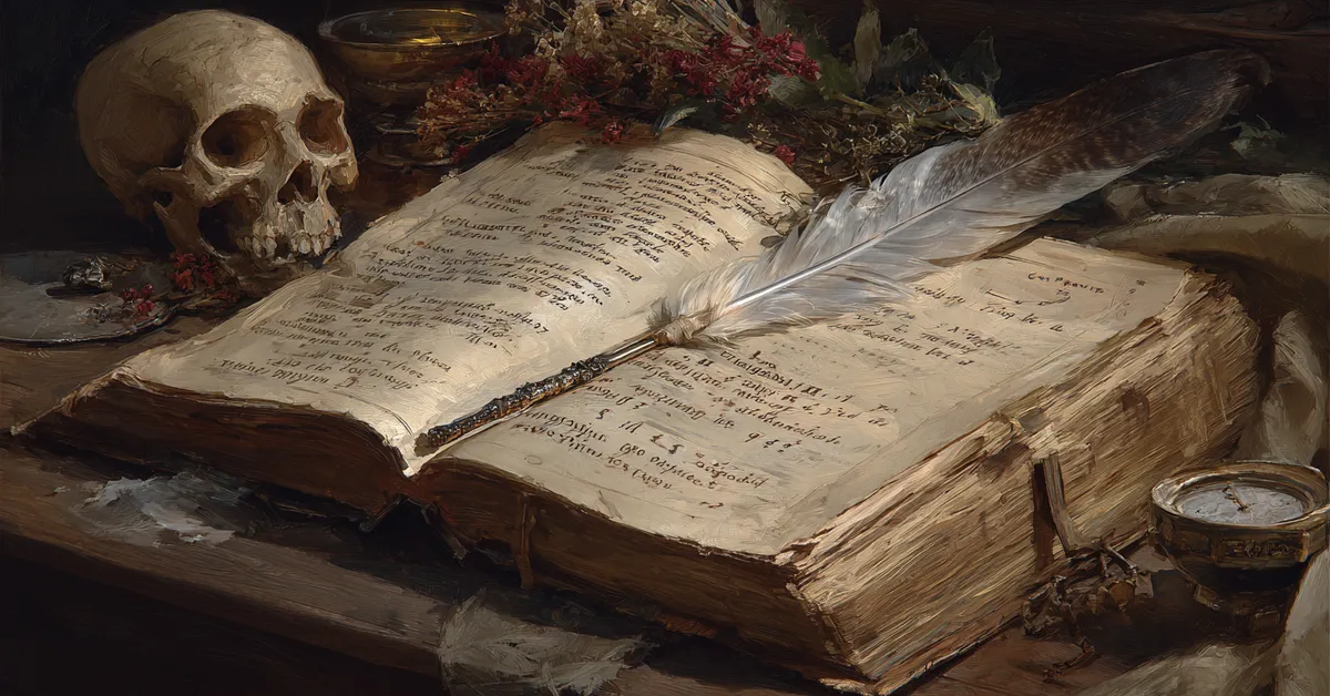 An open book with highlighted lines and a feather marker pointing to a familiar passage from Hamlet for quote identification