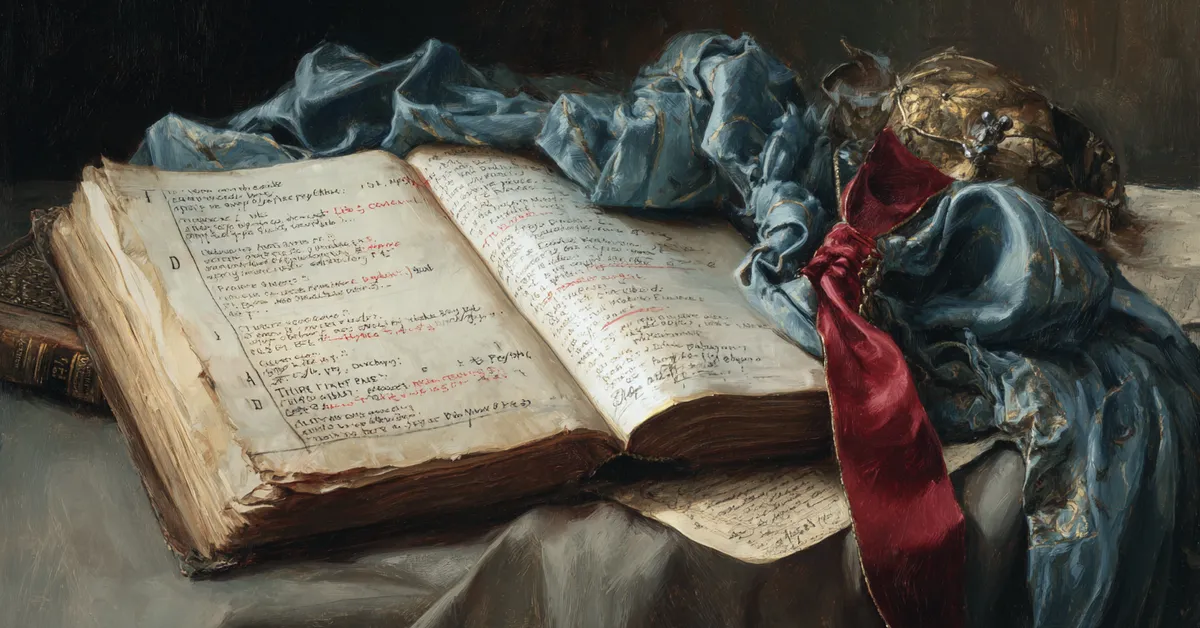 An open book with marked passages and a ribbon marker pointing to a familiar quote from Henry IV Part 1 for quote identification