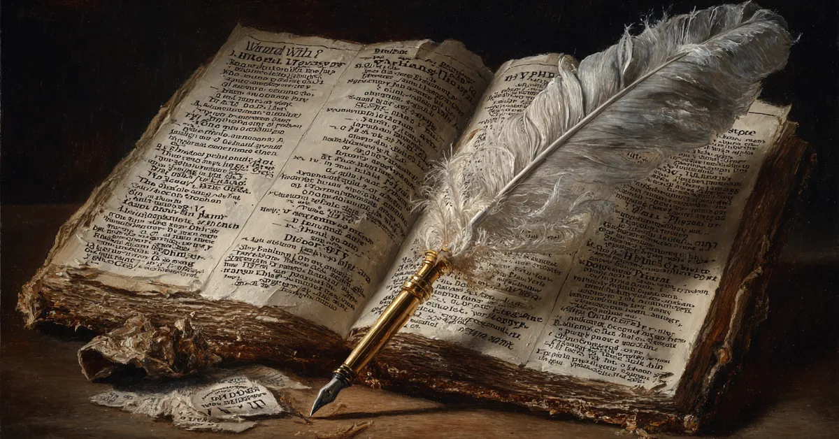 A dictionary opened to annotated conflict-era terms with a feather pen resting across the margin representing vocabulary learning in Henry VI Part 3