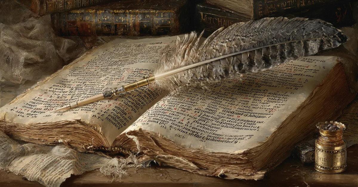 A dictionary open to annotated medieval and military terms with a feather pen resting across the margin representing vocabulary learning in Henry VI Part 1