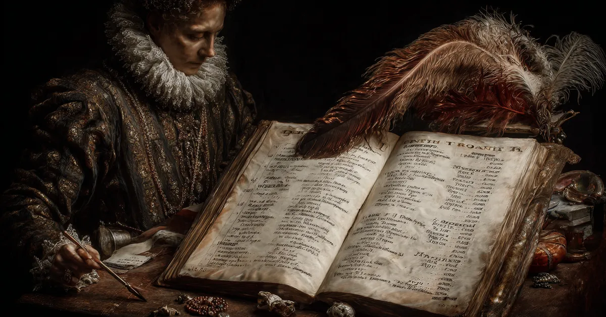 A dictionary open to annotated medieval political and military terms with a feather pen resting across the margin representing vocabulary learning in Henry VI Part 2