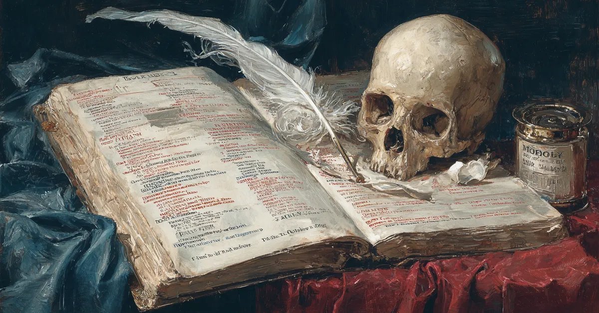 A dictionary open to marked vocabulary words with a quill placed beside it referencing terms studied in Hamlet Vocabulary