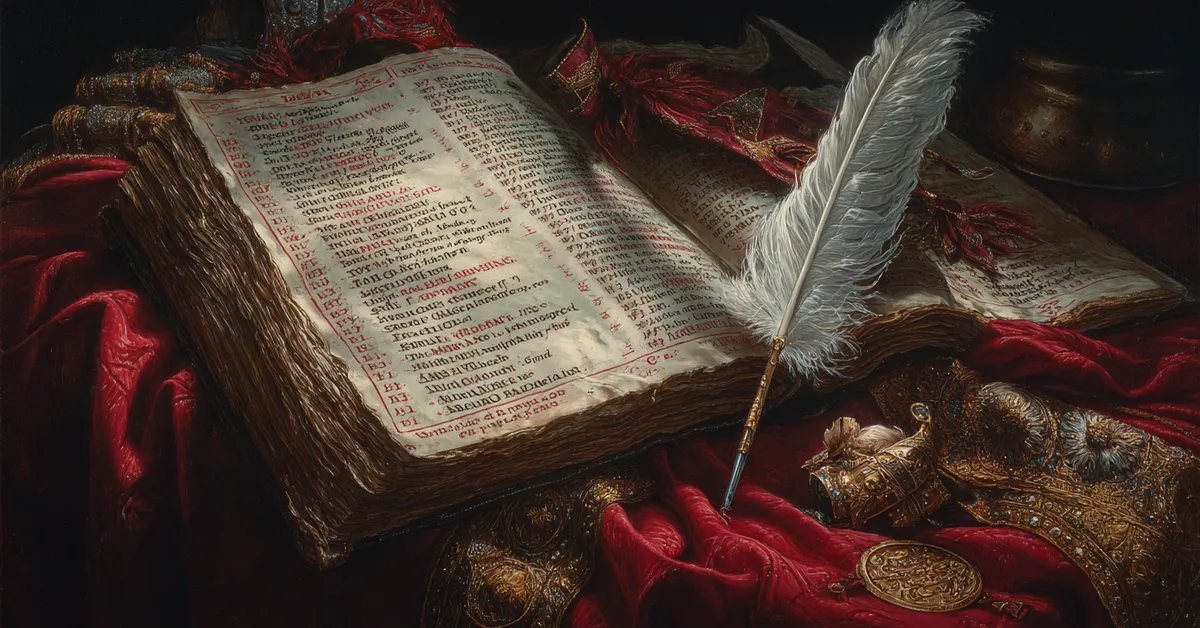 A dictionary open to marked Middle English terms with a quill resting across the margin supporting vocabulary learning for Henry V