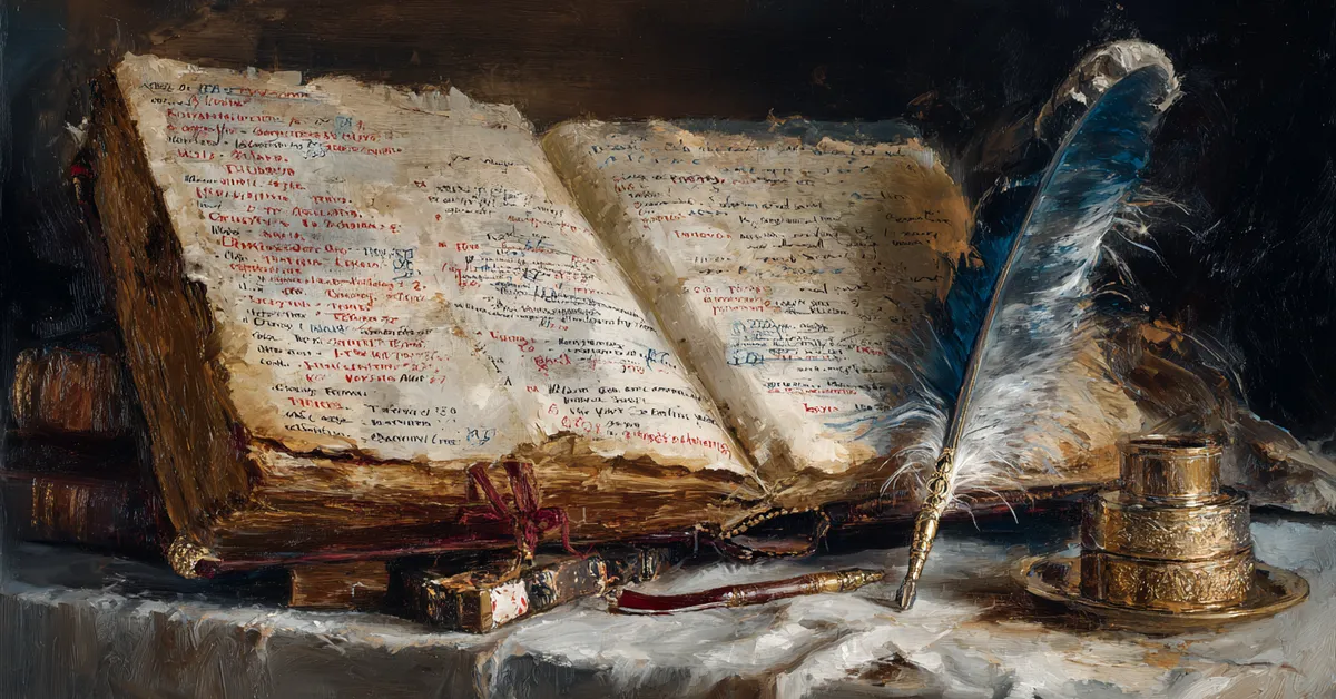 A dictionary open to Tudor era terms with margin notes and a feather pen supporting vocabulary learning for King Henry VIII Vocabulary