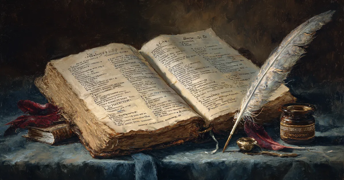 A dictionary opened to underlined terms with a quill nearby referencing vocabulary studied in Henry IV Part 1