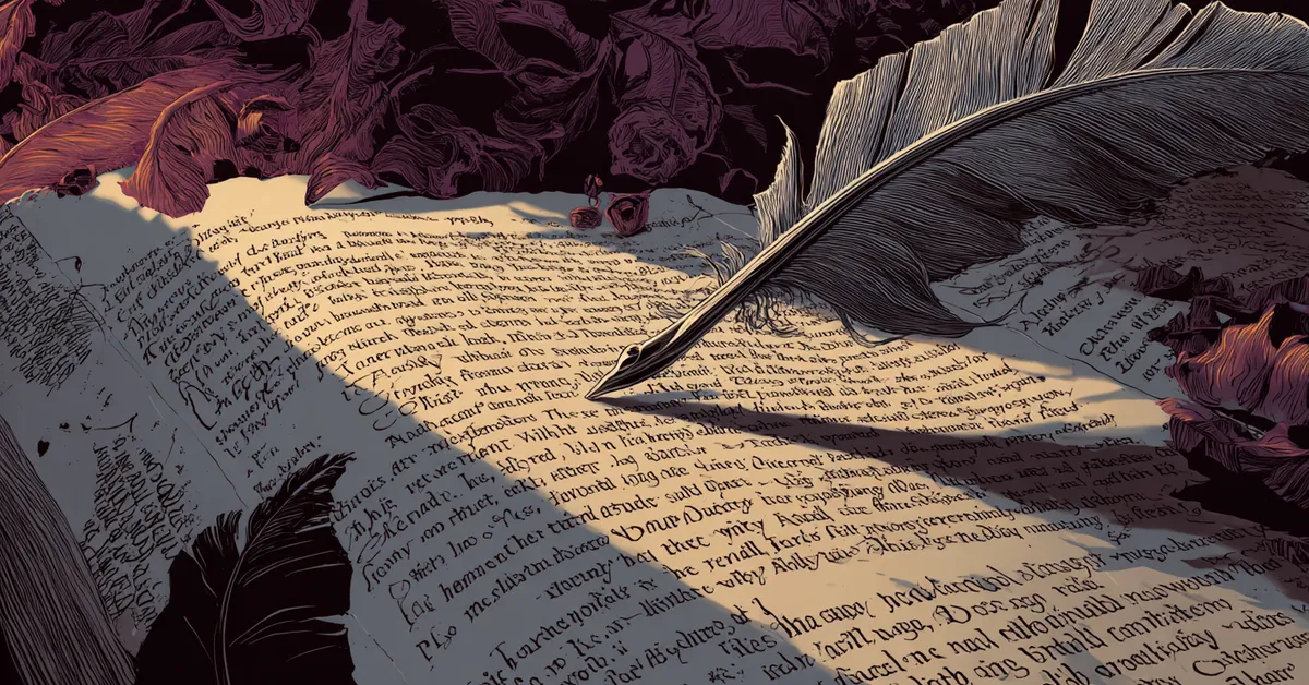 An open playbook with several iconic lines highlighted and a quill resting across the page supporting Richard III Quote Identification