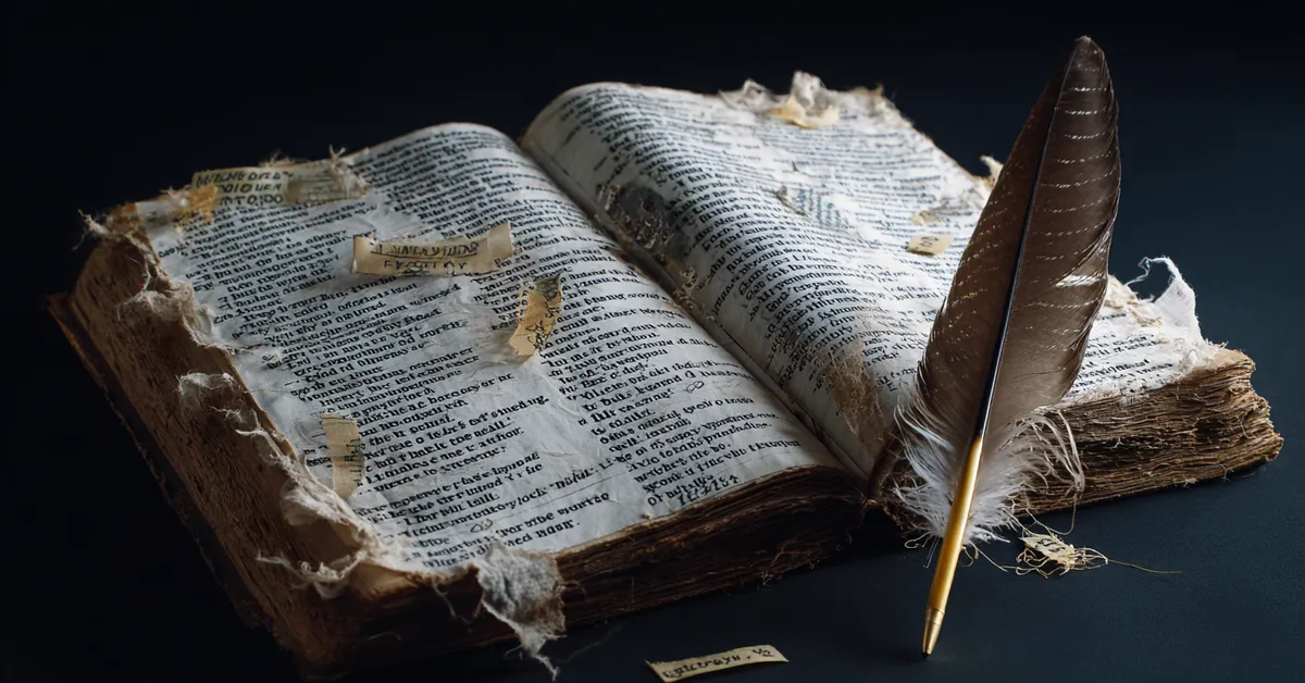 An open copy of Henry IV Part 2 with several lines flagged by paper markers and a quill laid across the page focusing on notable quotes for identification