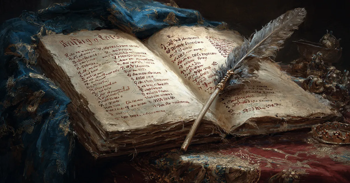 An open playbook marked with highlighted lines and a quill resting across the page representing Richard II Quote Identification