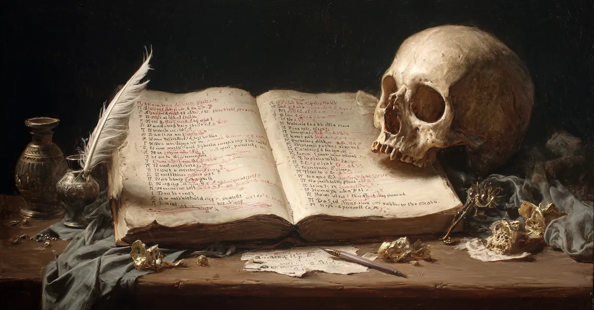 An open playbook with highlighted quotations and a quill laid across the page suited to Troilus and Cressida quote identification