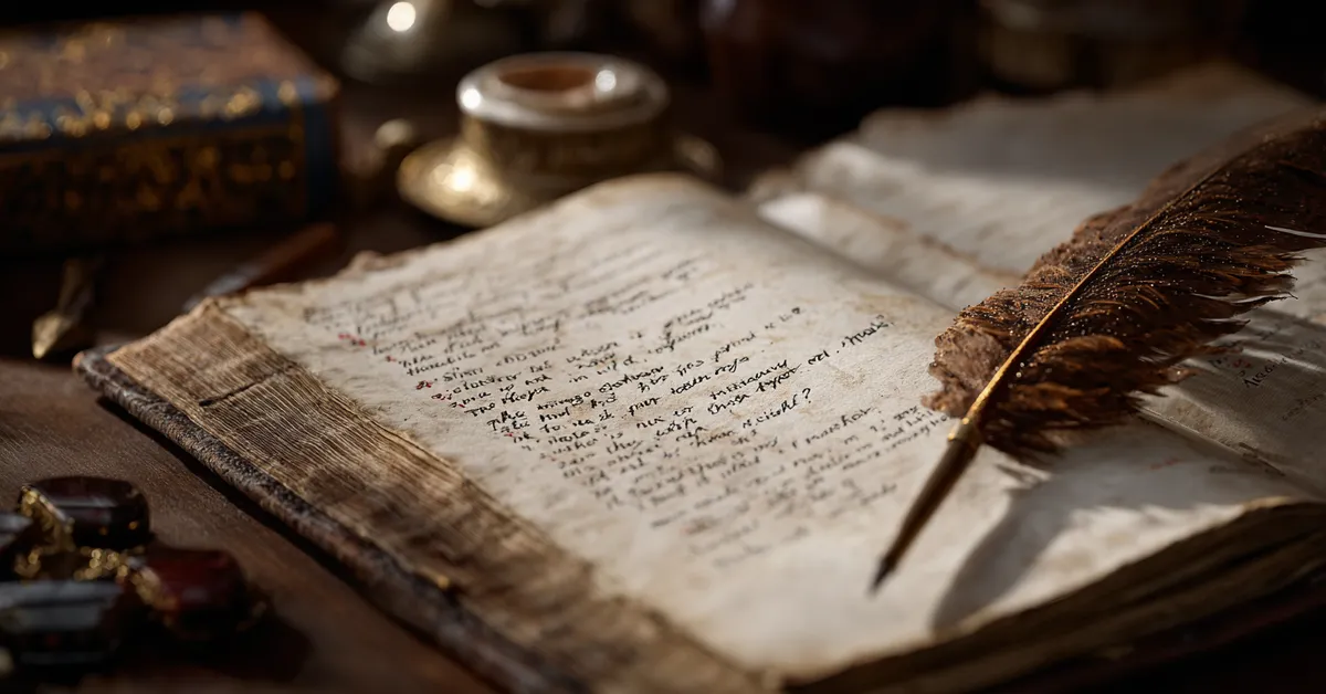 An open playbook with flagged lines and a quill across the page highlighting memorable quotes from Henry V for identification