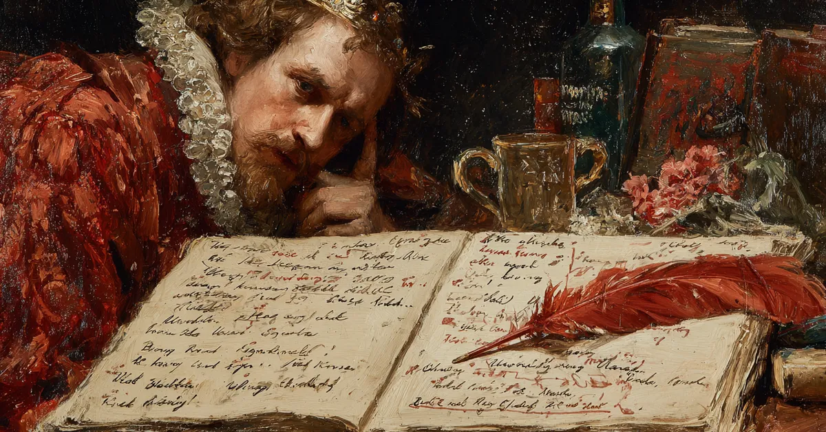 An open playbook with marked passages and a quill resting on a forceful speech highlighting key lines for King John Quote Identification