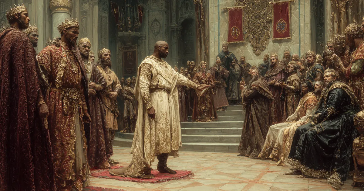 Othello standing in a castle hall giving orders to attendants showing Othello Act 3 Scene 2