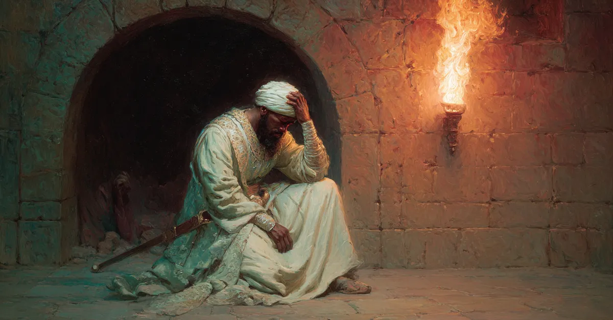 Othello in a tormented vision clutching his head beneath a torch lit archway capturing Othello Act 4 Scene 1