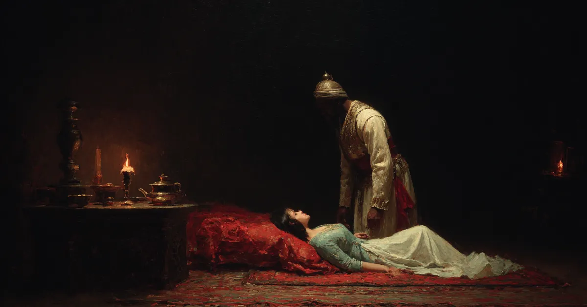 Othello standing over Desdemona in a darkened room illuminated only by a candle marking Othello Act 5 Scene 2