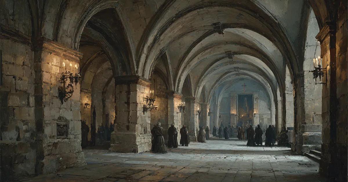 A palace corridor lined with stone arches where nobles whisper in small groups hinting at the rising plots in Richard III Act 2