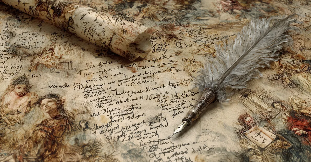 A parchment covered in annotations and figurative markings beside a quill supporting study of The Tempest literary devices