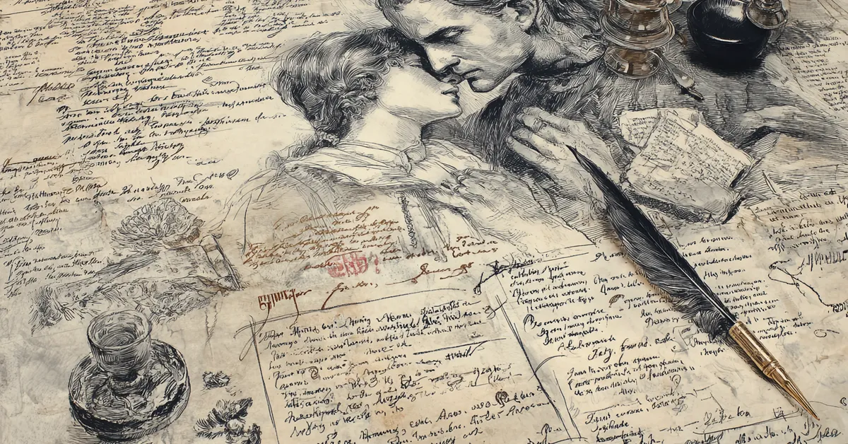 A parchment filled with annotated literary lines beside a quill supporting Troilus and Cressida literary device study