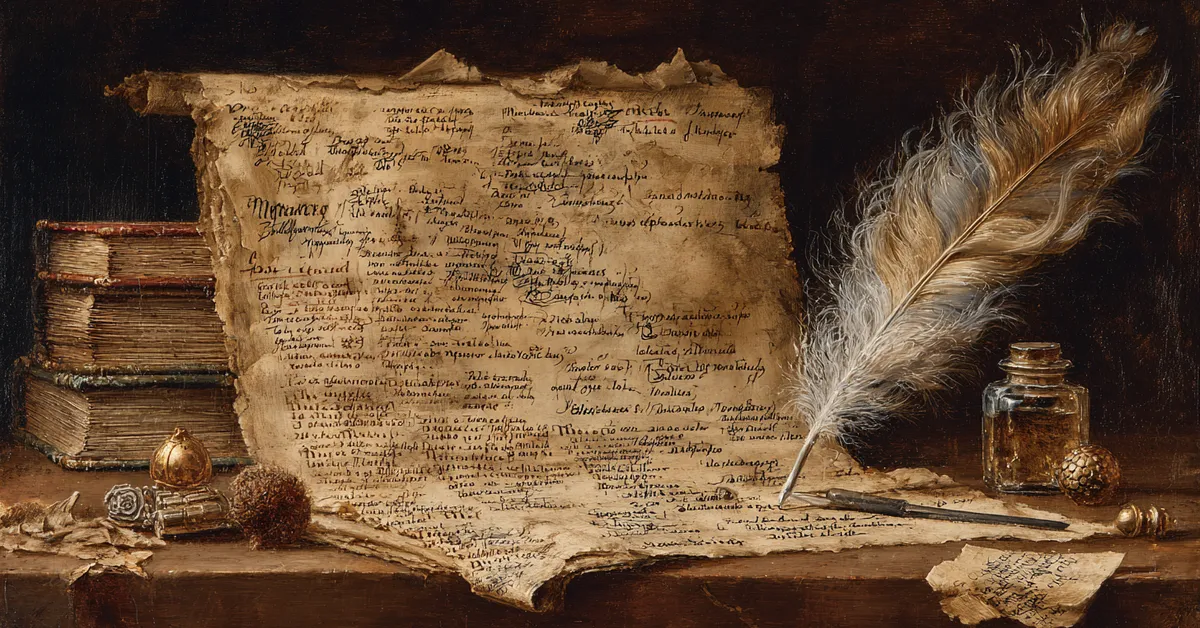 A parchment covered in annotated literary notes beside a quill supporting study of Timon of Athens literary devices