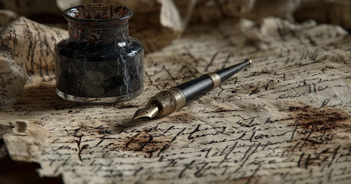 A parchment covered with dark rhetorical markings and underlined lines beside an ink pot supporting study for Richard III Literary Devices