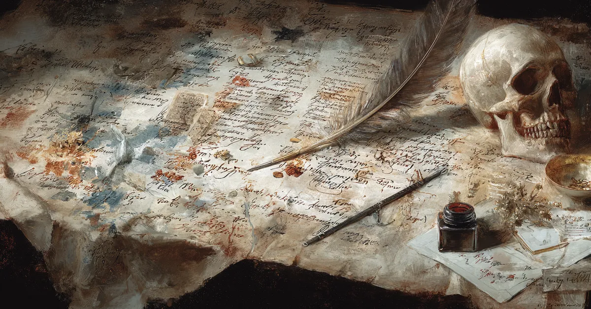 A parchment covered in figurative annotations and ink strokes beside a quill supporting close study for Richard II Literary Devices