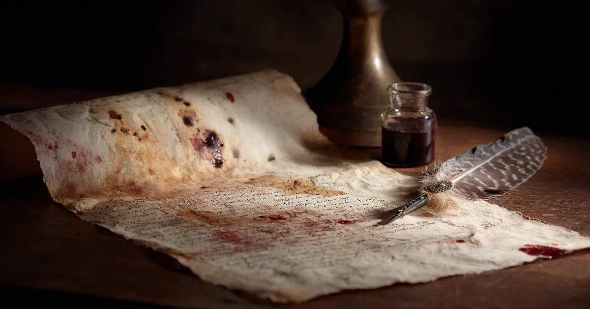 A parchment marked with figurative lines and ink blots beside a quill supporting study for Macbeth Literary Devices
