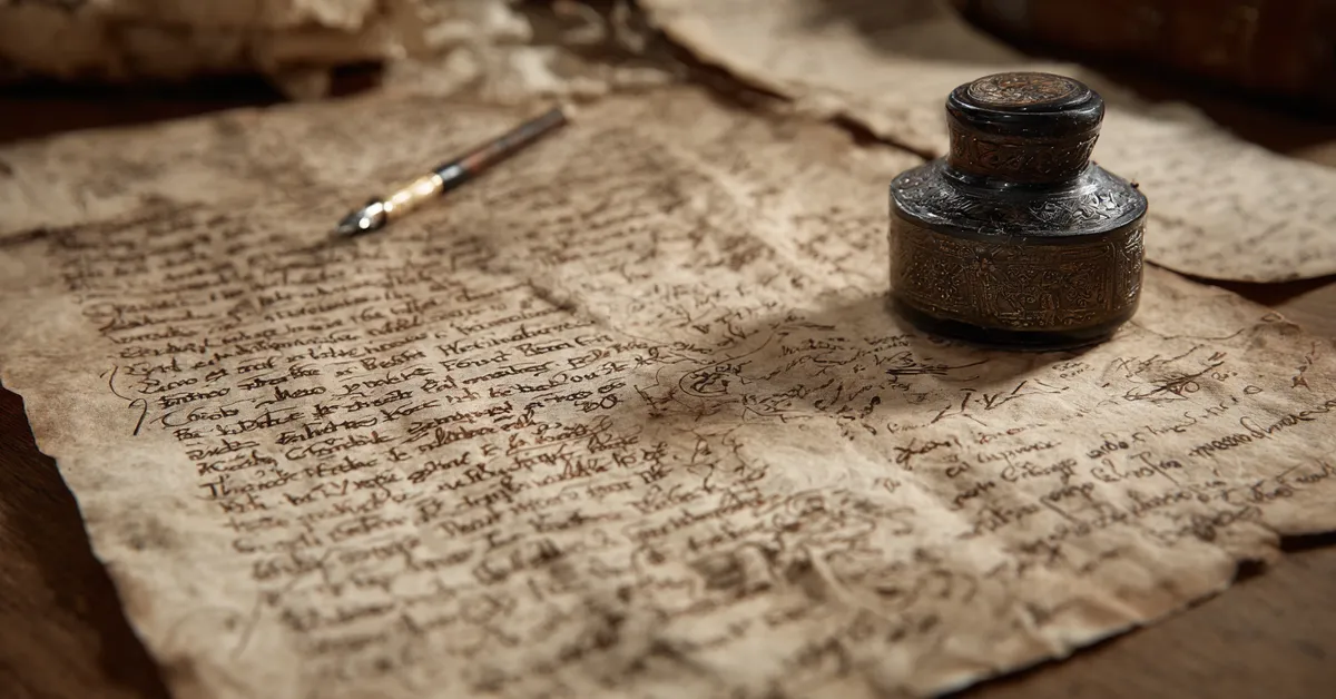 A parchment covered in marked metaphors and rhetorical notes with an ink pot nearby supporting the study of literary devices in Henry VI Part 3