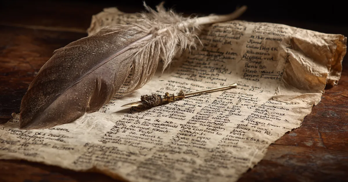 A parchment covered in underlined lines and marginal notes beside a quill supporting close analysis of figurative language in King John Literary Devices