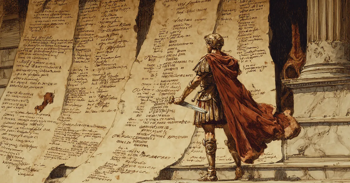 A parchment filled with rhetorical annotations and ink marks supporting the study of persuasive devices in The Tragedy Of Julius Caesar Literary Devices