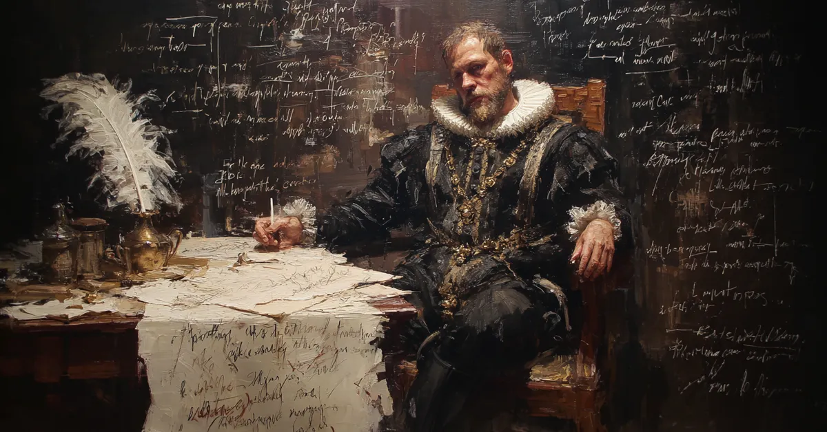 A parchment covered in rhetorical markings and ink notes beside a quill supporting the study of figurative language in King Henry VIII Literary Devices