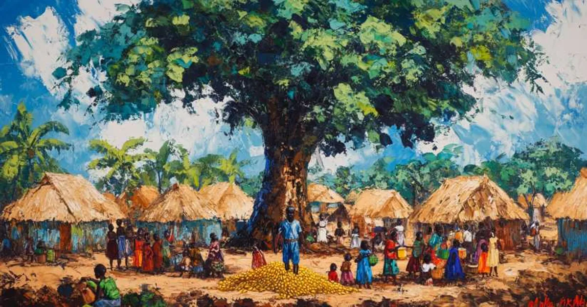village gathered under a large tree with huts in the background for Things Fall Apart Part 1
