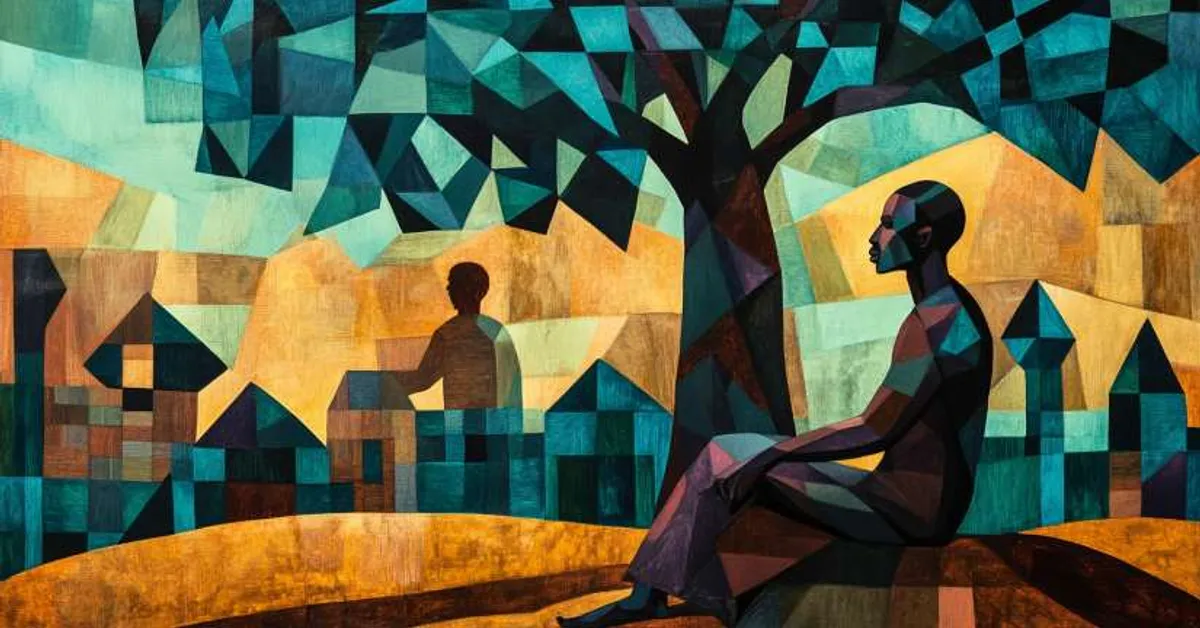 figure sitting under an abstract geometric tree near houses for Things Fall Apart Part 2