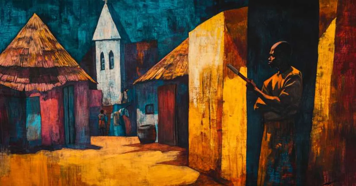 man holding a weapon in a dim village street near a church for Things Fall Apart Part 3