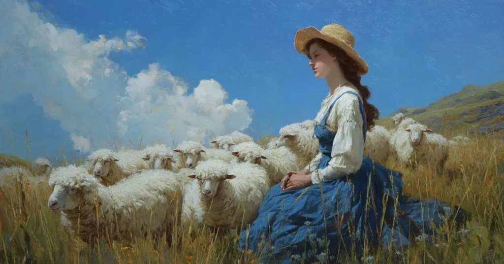 A bright pastoral meadow where shepherds gather near sheep linking to The Winter�s Tale Act 4