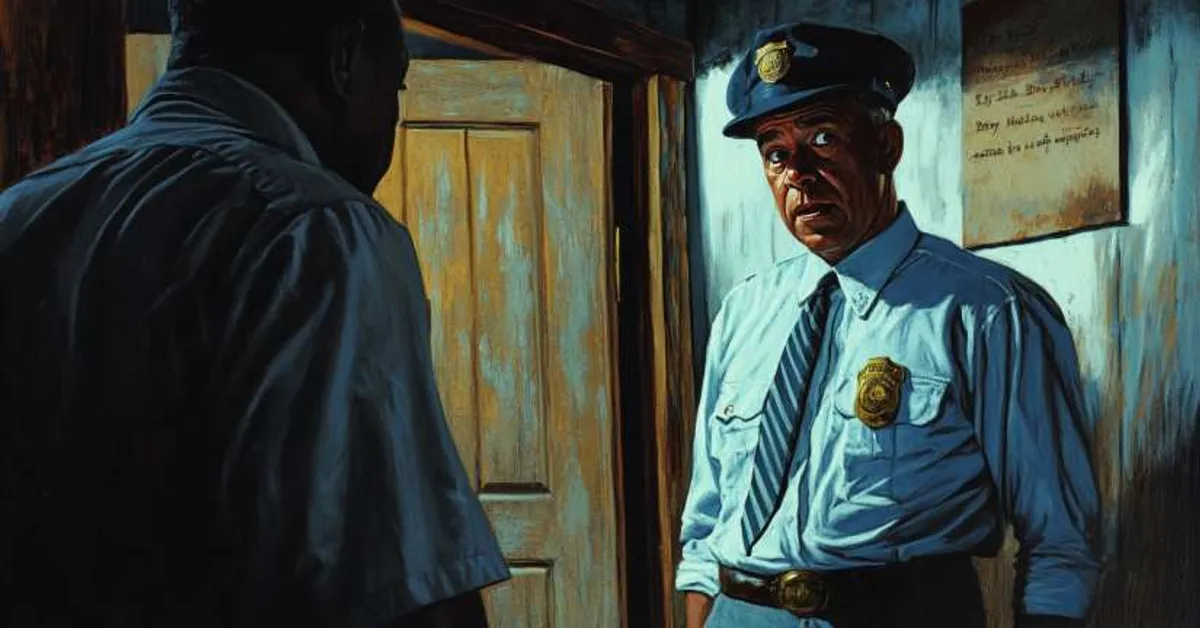 A police officer speaking to a man in a dimly lit room creating a tense moment