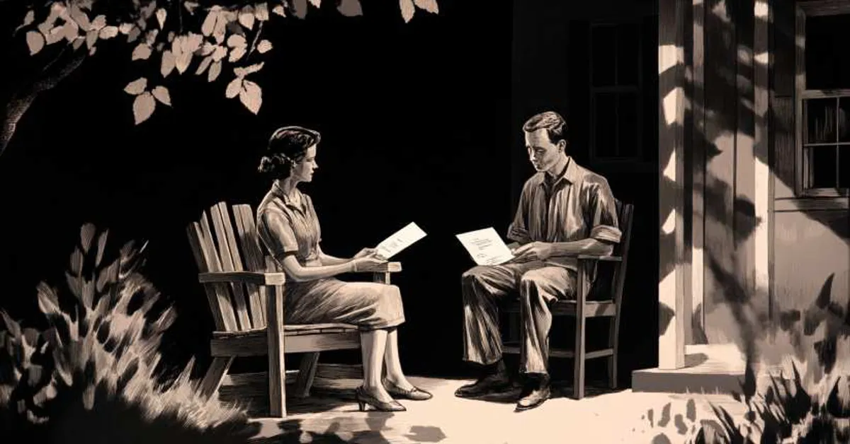 A man and woman read papers together on a shaded porch, symbolizing connection and conflict in All My Sons Vocabulary Quiz.