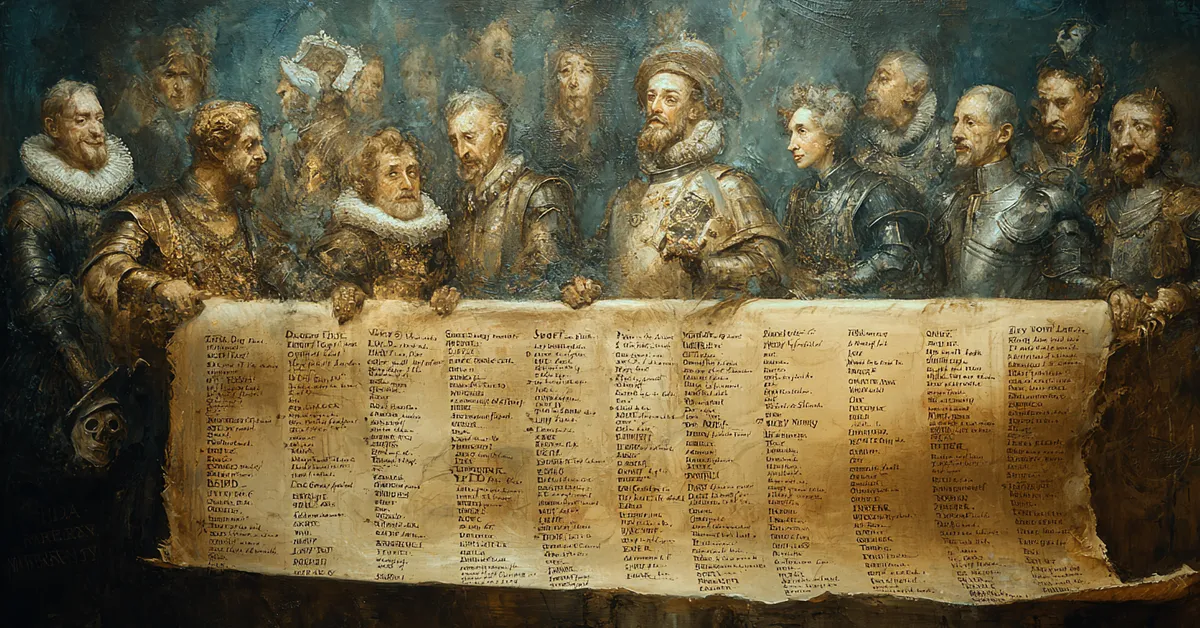 A scroll showing painted portraits of key lords and knights arranged in rows helping readers identify the main figures of Henry IV Part 2 Character Matching