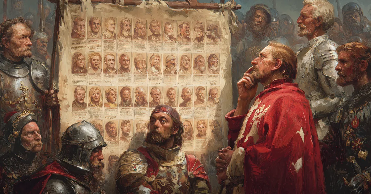 A scroll displaying arranged portraits of soldiers and nobles referencing character identification in Henry V Character Matching