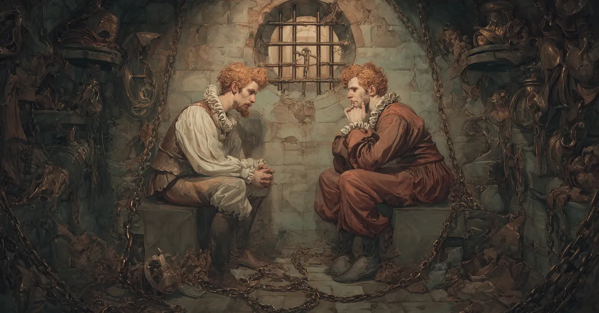 A dim prison cell where two chained men sit side by side beneath a barred window anchoring The Two Noble Kinsmen Act 3