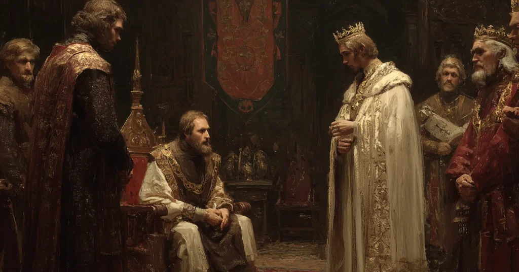 A private royal chamber where the king meets quietly with attendants showing intimate counsel in Richard II Act 1 Scene 4