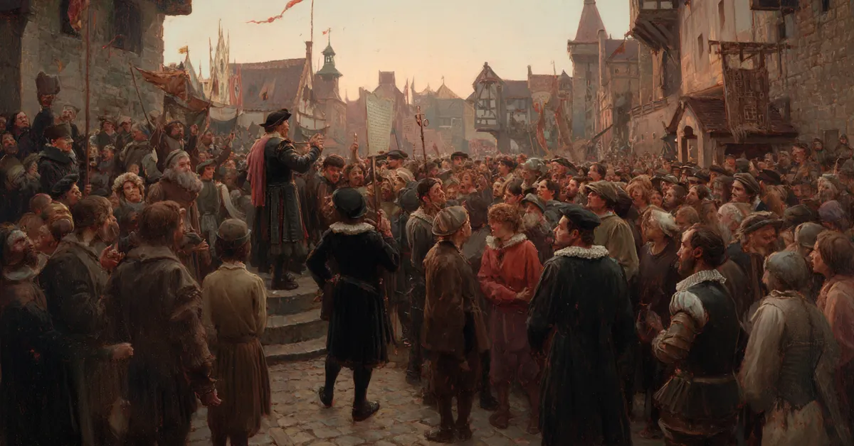 A bustling public square where a herald reads a proclamation to a gathered crowd anchoring the civic unrest in Henry VI Part 2 Act 2