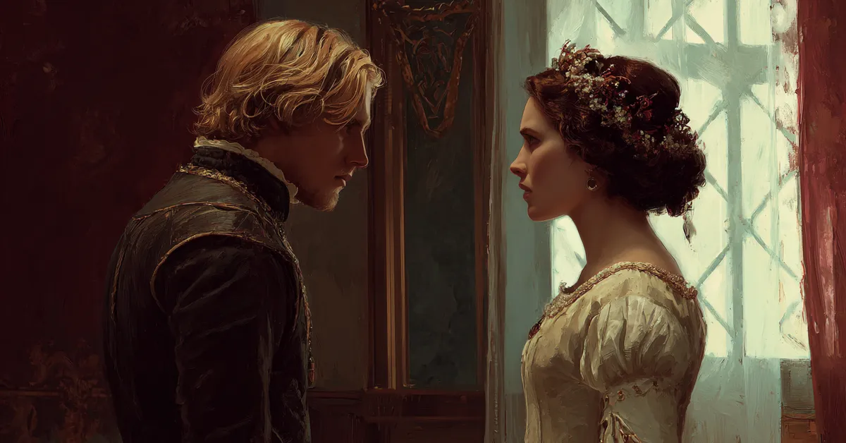 A queen and prince facing each other tensely in a private chamber echoing the confrontation of Hamlet Act 3 Scene 4