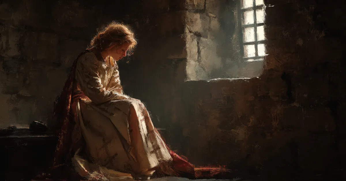 A queen seated in a shadowed chamber gazing toward a narrow window reflecting sorrow in Richard II Act 1 Scene 2