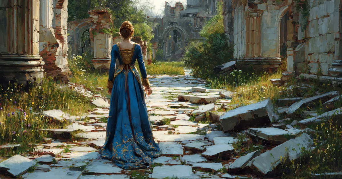 A queen walking through a ruined palace garden surrounded by fallen stone representing shaken royalty in Richard II Act 3 Scene 3