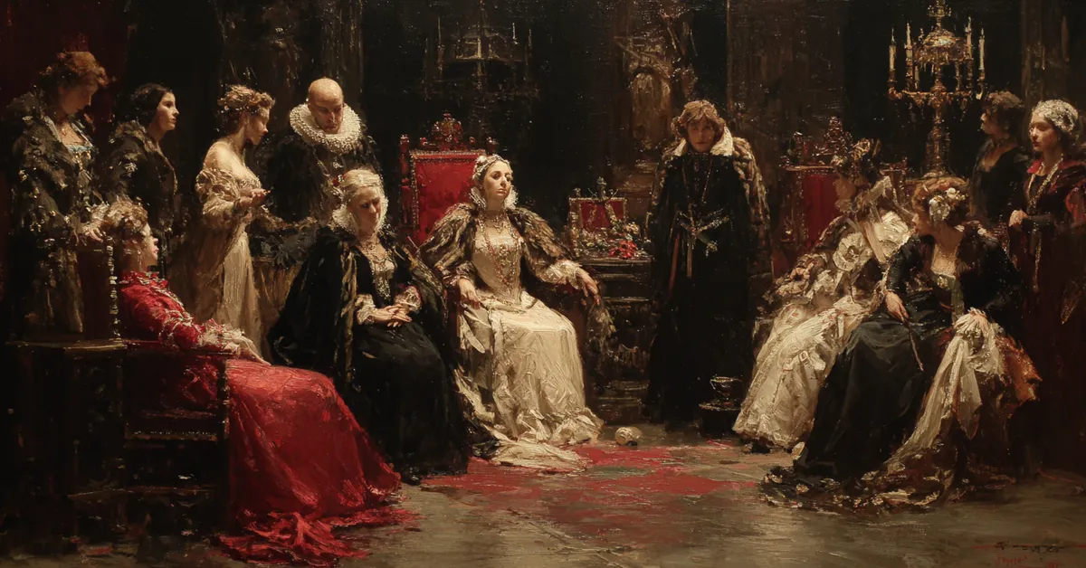 A richly decorated queen’s chamber where attendants gather around a seated noblewoman echoing the emotional stakes of King Henry VIII Act 3