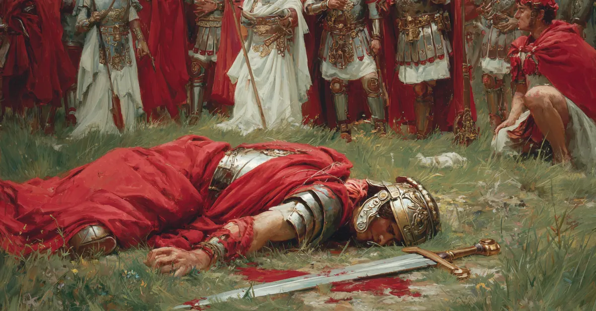 A quiet field where the fallen leader lies beside a broken sword capturing the solemn ending of The Tragedy Of Julius Caesar Act 5 Scene 5
