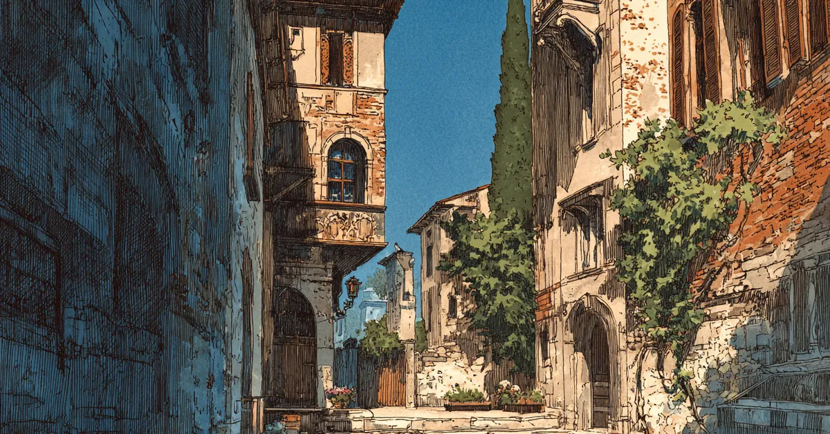 A quiet Verona street where friends search in the shadows capturing Romeo and Juliet Act 2 Scene 1