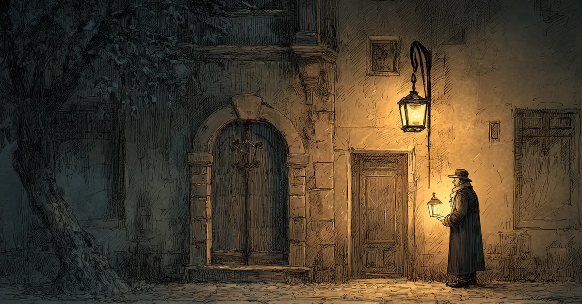A quiet town street where a lone watchman holds a lantern near a closed doorway suggesting the night patrol in Henry IV Part 2 Act 2 Scene 1