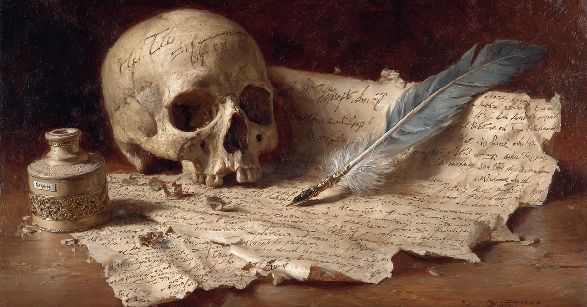 A parchment covered in handwritten notes beside a quill emphasizing the figurative language analyzed in Hamlet Literary Devices