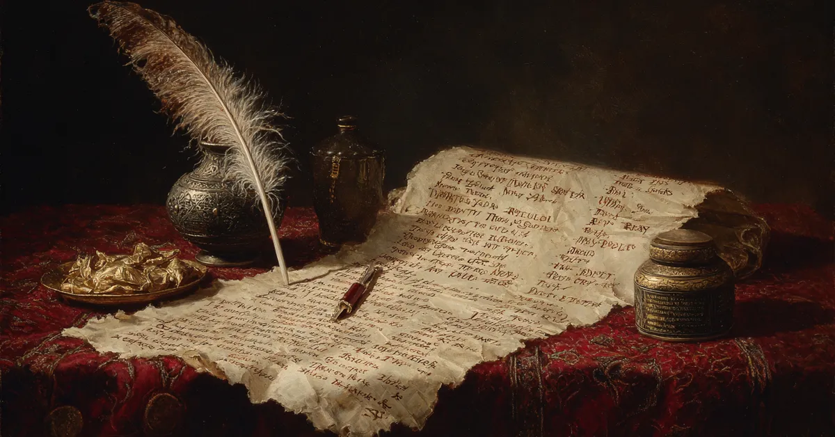 A parchment filled with annotated passages beside a quill and ink pot supporting the study of figurative language in Henry V Literary Devices