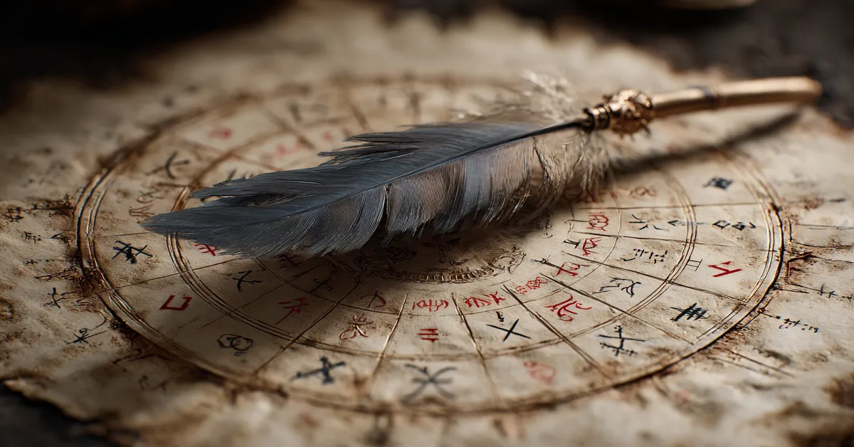 A quill resting near a parchment marked with symbols representing the literary techniques examined in the Coriolanus literary devices quiz